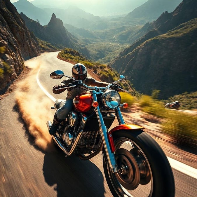 This wallpaper captures a thrilling moment of a motorcycle ride through a scenic mountain road, showcasing the beauty of the natural landscape and the exhilaration of the ride.