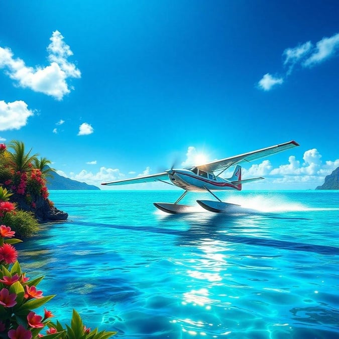 Experience the thrill of taking off from a tropical island paradise. This wallpaper captures the essence of adventure and escape with an airplane skillfully landing on water.