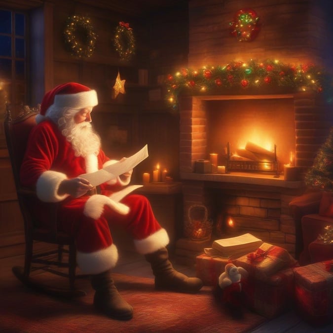 Santa Claus is sitting by the fireplace, reading a letter, surrounded by Christmas decorations and gifts.