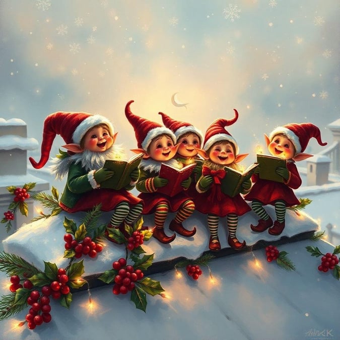 Get into the holiday spirit with this festive Christmas wallpaper featuring a group of cheerful elves singing together. The elves are dressed in their finest attire, complete with red hats and green coats, and are surrounded by snowflakes and holly. This image is perfect for anyone looking to add a touch of holiday cheer to their desktop or mobile device.