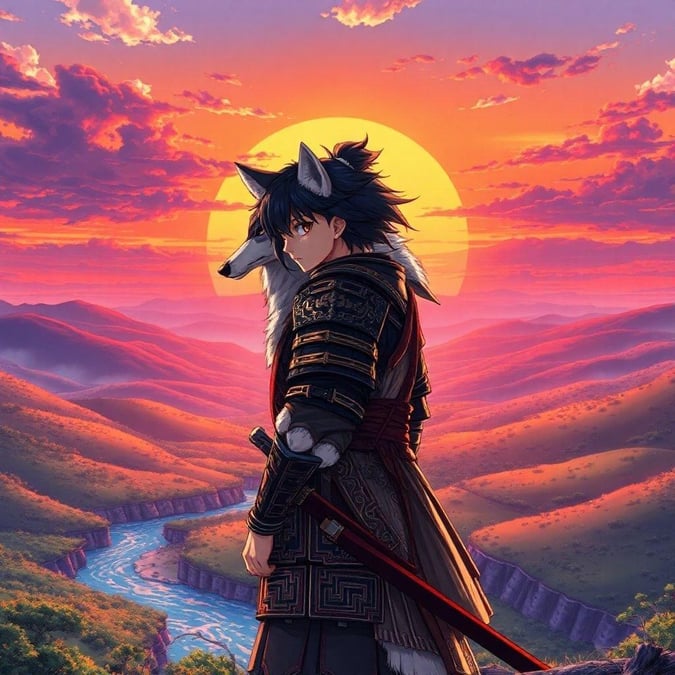 In the twilight hour, a young samurai stands at the edge of the world with his loyal canine companion, silently bidding farewell to the day. The majestic sunset paints the sky in hues of orange and red, casting long shadows over the serene landscape. Rolling hills stretch out into the distance, and a river meanders its way through the heart of this tranquil setting. This anime-inspired illustration captures the poignant moment before the journey ahead.