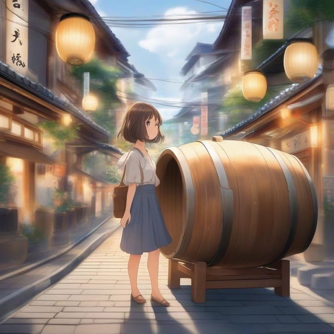 Ein junges Mädchen findet Trost im Trubel der Straßen Tokios, versteckt sich hinter einem riesigen Sake-Fass in dieser detaillierten digitalen Illustration, die Anime-Vibes ausstrahlt.