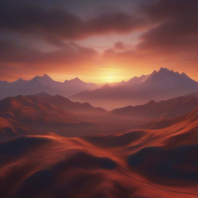 Celebrate the New Year with this breathtaking view of red desert sands leading up to a majestic mountain range under the radiant glow of a sunrise. This stunning wallpaper image is perfect for desktop and mobile use, capturing the essence of freedom and adventure.