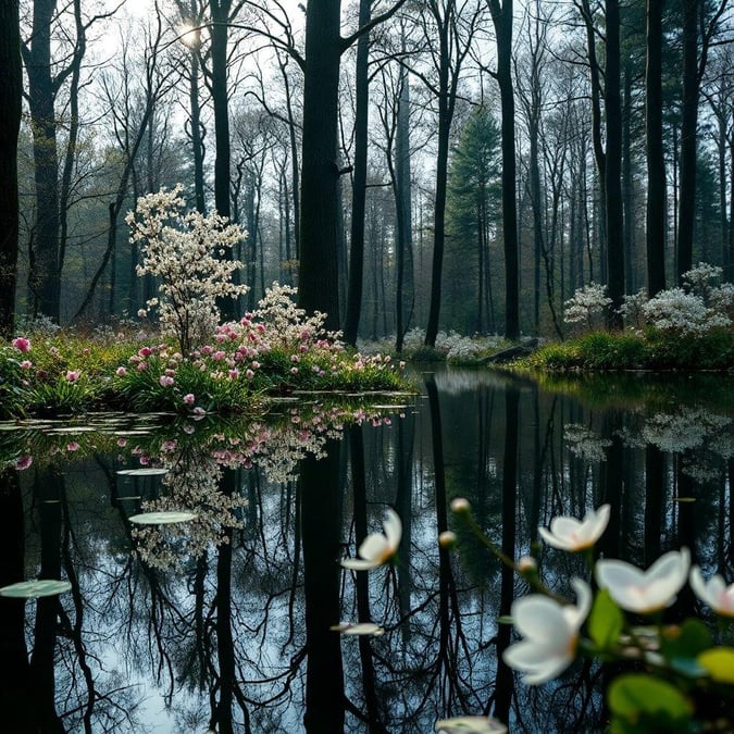 A peaceful scene from nature, featuring a tranquil pond nestled amidst an enchanting forest. A small island at the center blooms with cherry blossom trees that add a touch of spring elegance to the surroundings.