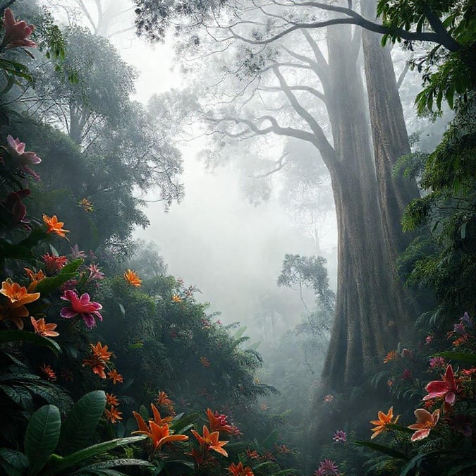 A mysterious jungle path veiled by fog, teeming with vibrant flora.