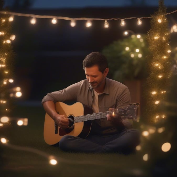 A father serenades his family on the front lawn at night, with a cozy outdoor setting and a guitar.