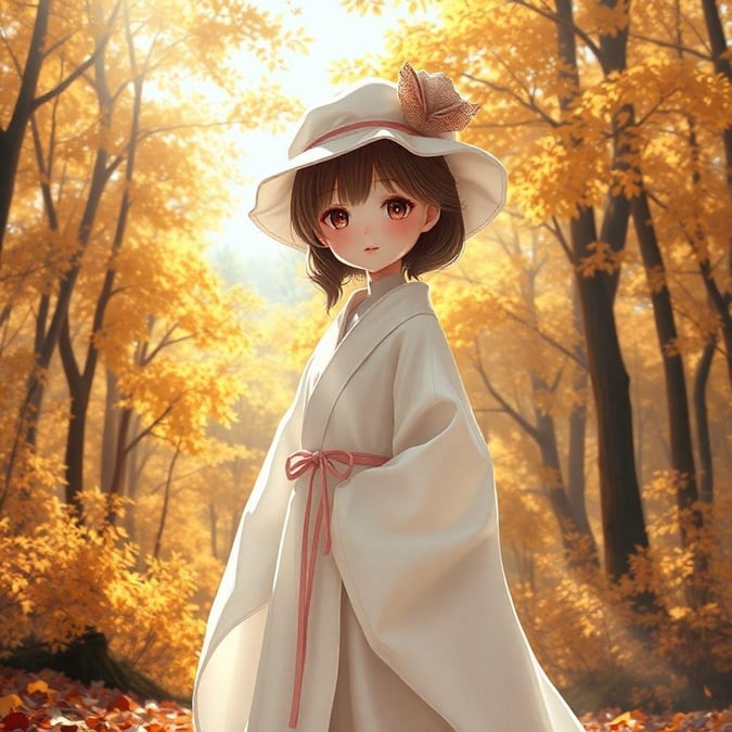 A serene anime wallpaper featuring a porcelain doll amidst an autumnal forest, blending nature and technology in a dreamy, harmonious scene.