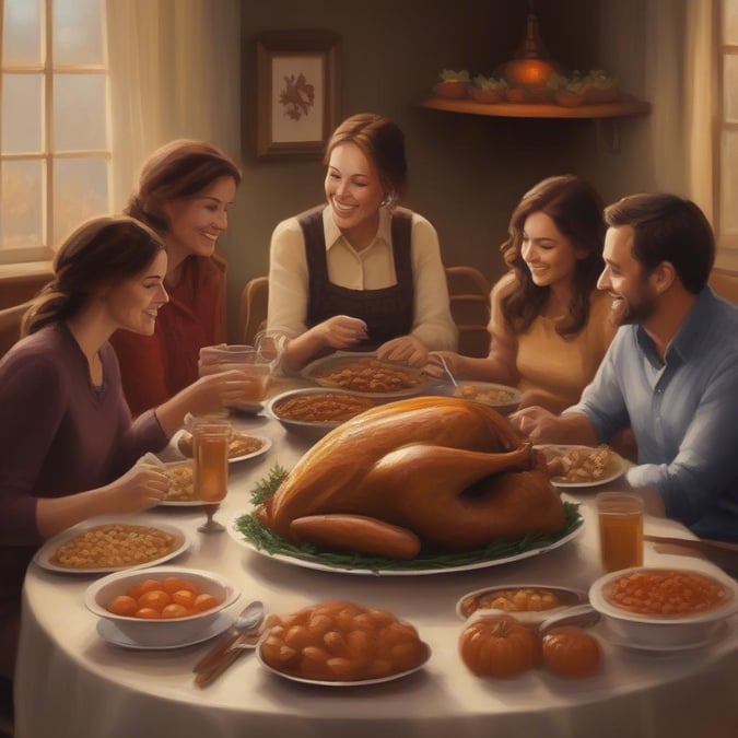 A warm family scene at Thanksgiving, sitting around the table with a delicious roasted turkey as the centerpiece, surrounded by traditional holiday dishes.