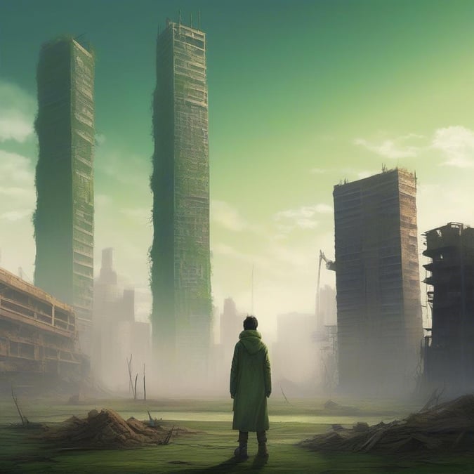 This image depicts a desolate, abandoned cityscape after the fall of civilization. The scene is dominated by towering skyscrapers, some still standing and others ruined, shrouded in mist and debris. A lone figure stands on the right side, gazing up at the structures with a sense of isolation and reflection. The color palette is muted, featuring mostly greens and browns, evoking a sense of decay and desolation. This scene would be perfect for those who enjoy post-apocalyptic anime art and settings.