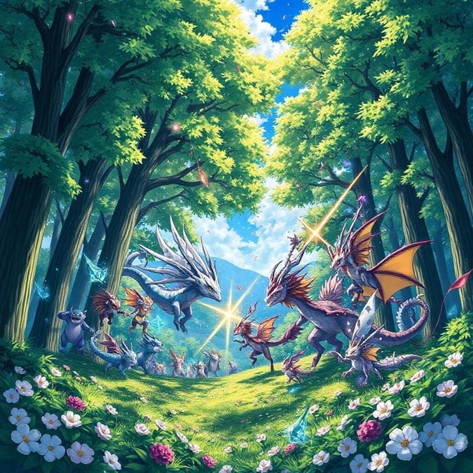 Get ready to immerse yourself in the world of anime with this stunning wallpaper featuring a battle scene between two schools of magical creatures. The detailed illustration showcases spells and incantations flying around the creatures, set against a lush forest backdrop with tall trees and a bright blue sky. Perfect for desktop and mobile use, this wallpaper is sure to transport you to a world of fantasy and adventure.