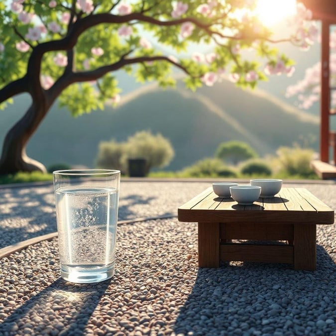 Sumérgete en la tranquilidad de esta escena de jardín zen inspirada en el anime, donde una ceremonia del té se desarrolla en medio de una atmósfera serena y pacífica.