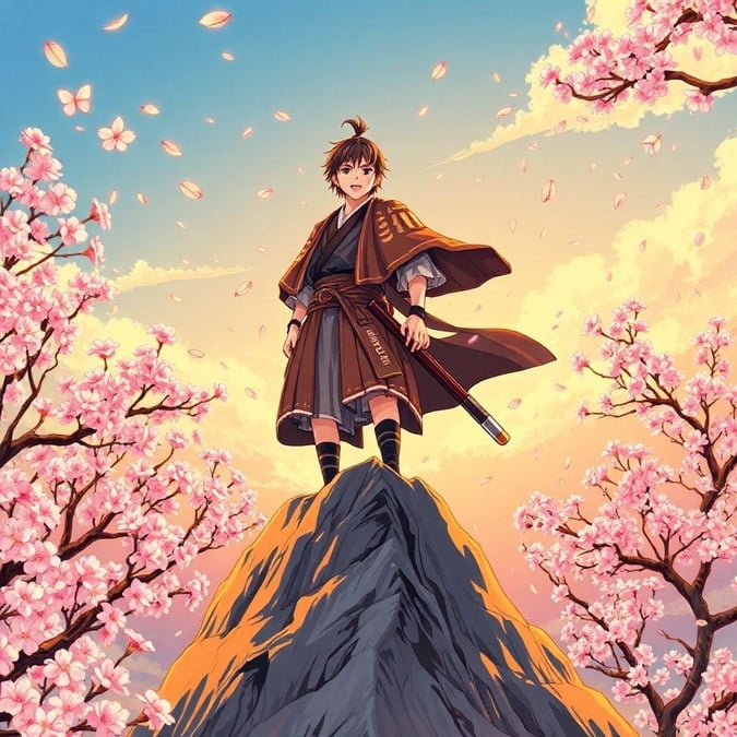 In this anime wallpaper, a young warrior stands vigilant atop a mountain peak as the sun rises. Cherry blossom trees dot the landscape around him, their petals falling in soft pink hues against the backdrop of the sky. The samurai's determined expression and poised stance reflect his readiness for duty.