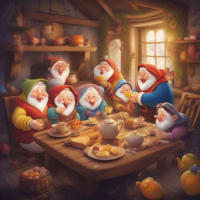 This image captures the essence of the beloved Disney movie Snow White and the Seven Dwarfs, showcasing the iconic characters in a whimsical and enchanting scene.