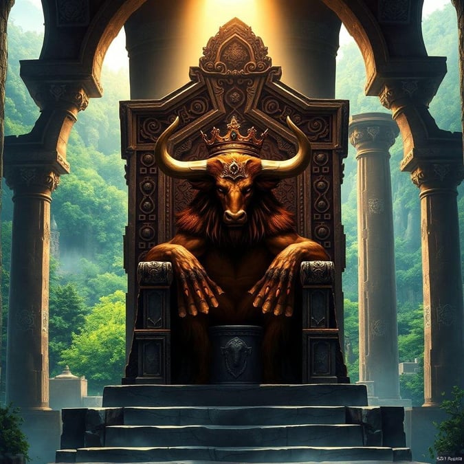 A scene from a fantasy realm, featuring a commanding horned figure on an ornate throne. The backdrop is lush with nature and the architecture suggests ancient wisdom.