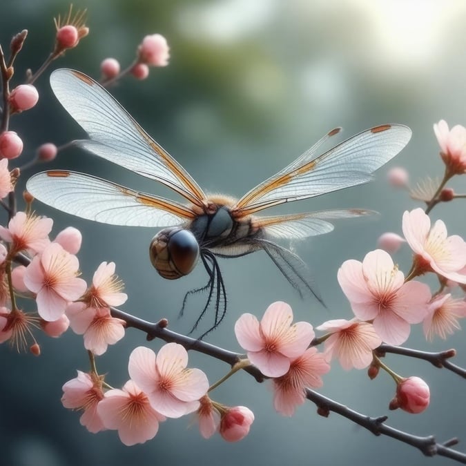 En anime-stil illustration af en majestætisk drageflue, der selvsikkert sidder på en gren prydet med delikate kirsebærblomster, sat mod en rolig sløret baggrund. De indviklede detaljer i dragefluens vinger er i harmoni med de bløde kronblade og den naturlige skønhed i scenen.