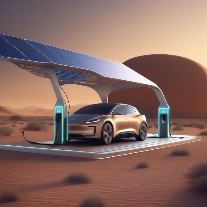 This image showcases a sleek electric vehicle charging in the desert, highlighting the intersection of technology and nature.