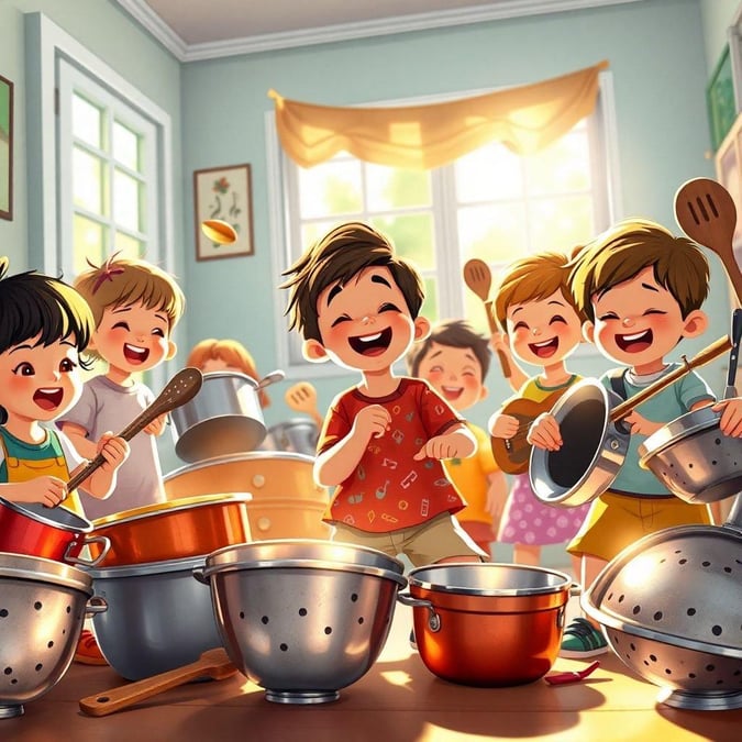 Happy children celebrate making a meal together, with pots full of laughter and joy.