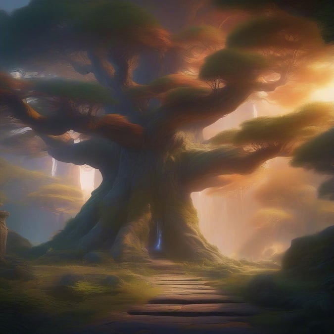 A serene scene from a video game, featuring an ancient tree at the end of a path in a mystical forest. This wallpaper will enhance any desktop or mobile device with its beautiful landscape.