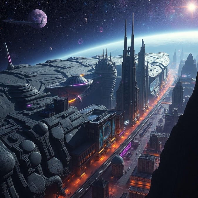 Explore the futuristic cityscape by night, with a view across to distant planets.