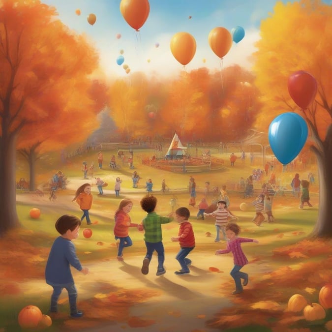 A joyful scene of children playing in the park on a sunny day, flying kites with colorful autumn leaves falling around them. A festive atmosphere to celebrate Thanksgiving.