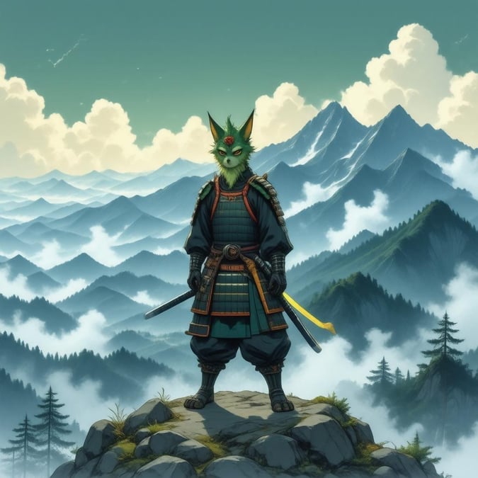 Tauchen Sie ein in die Ruhe dieser Anime-Illustration, in der ein Samurai stolz auf einem Berggipfel steht, sein auffälliges grünes und gelbes Fell bildet einen lebhaften Kontrast zur nebligen Umgebung. Diese friedliche Szene, vor dem Hintergrund der Natur, fängt einen ruhigen Moment der Zeit ein.