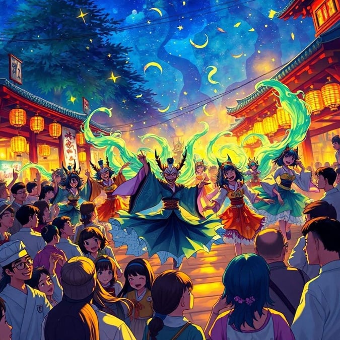 Immergiti nel vibrante mondo degli anime con questo affascinante sfondo, che mostra una vivace scena di festival piena di colorati spiriti Yurei e persone gioiose.