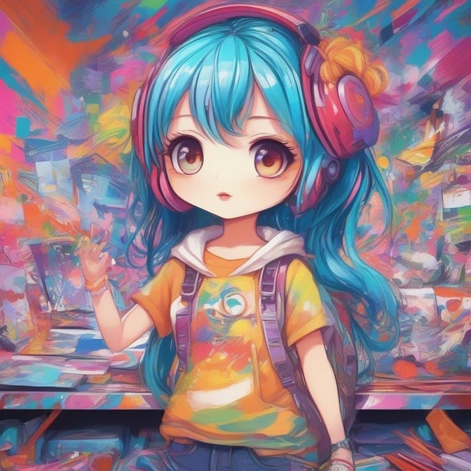 Bright and colorful anime girl standing in front of a vividly painted background, with her hand playfully raised as if she's waving. Perfect for livening up any desktop or mobile device.