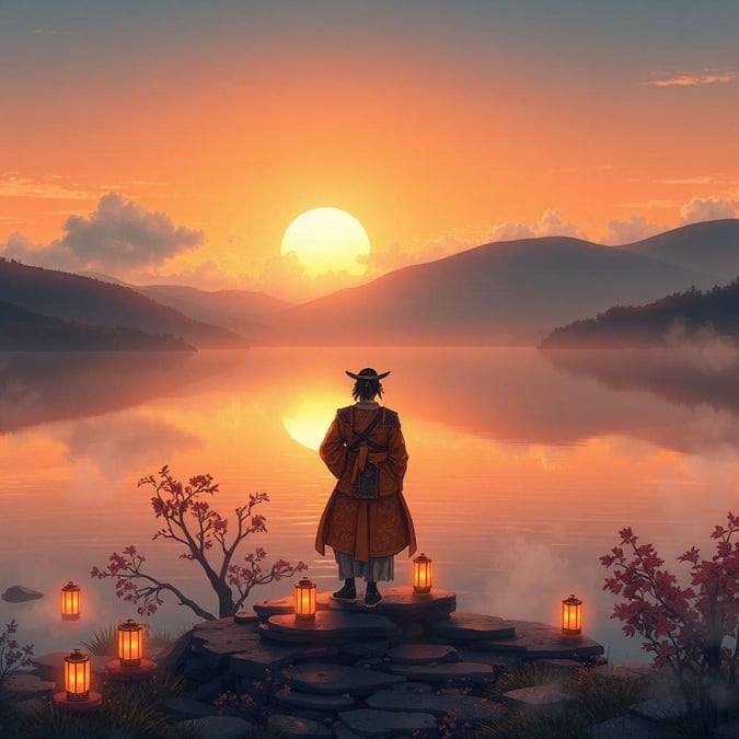 Immerse yourself in the serene beauty of this anime-style sunset wallpaper, featuring a samurai standing at the edge of a misty lake, surrounded by lanterns.