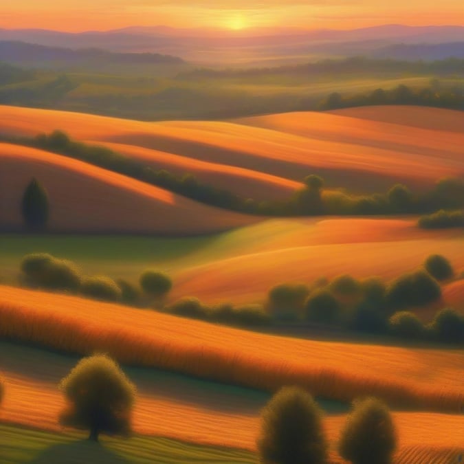 A breathtaking view of rolling hills and trees under a stunning sunset, perfect for a Thanksgiving wallpaper.