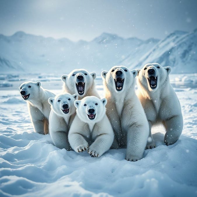 This stunning wallpaper features a group of polar bears in their natural habitat, showcasing their majestic beauty and playful nature. The image captures the serenity and majesty of the Arctic landscape, making it a perfect fit for desktop and mobile use.