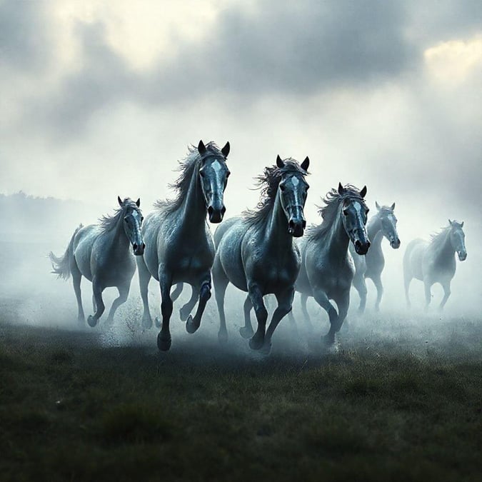 A dynamic scene of several horses galloping across a misty field. The image is rich with detail, showcasing the power and grace of these majestic creatures in motion.