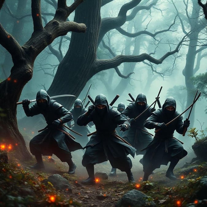 A group of anime characters are wielding swords, poised for action as they walk through a misty, mystical forest. Their clan seems prepared for combat or perhaps some ancient rite.