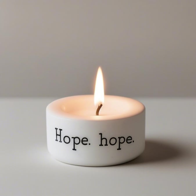 A small white candle with the inspiring message 'hope. hope' in black text, casting a warm glow that could be perfect for a quiet moment of reflection or as an uplifting addition to any room.