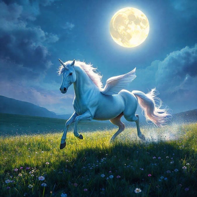 A majestic unicorn, cloaked in the moonlight, strides confidently through a lush field under a full moon sky.