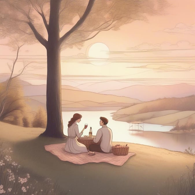 A serene and intimate scene of a couple enjoying a romantic picnic by the lake, surrounded by the beauty of nature.