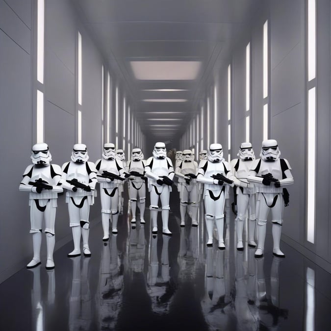 This wallpaper features a group of stormtroopers from the Star Wars franchise walking down a long hallway. The image is set in a futuristic, high-tech environment with sleek lines and minimal decor.