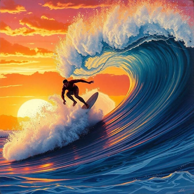 Witness the thrill of surfing on the open ocean waves with a backdrop of the sun setting, creating a stunning vista. The image captures the essence of adventure and freedom associated with this water sport.