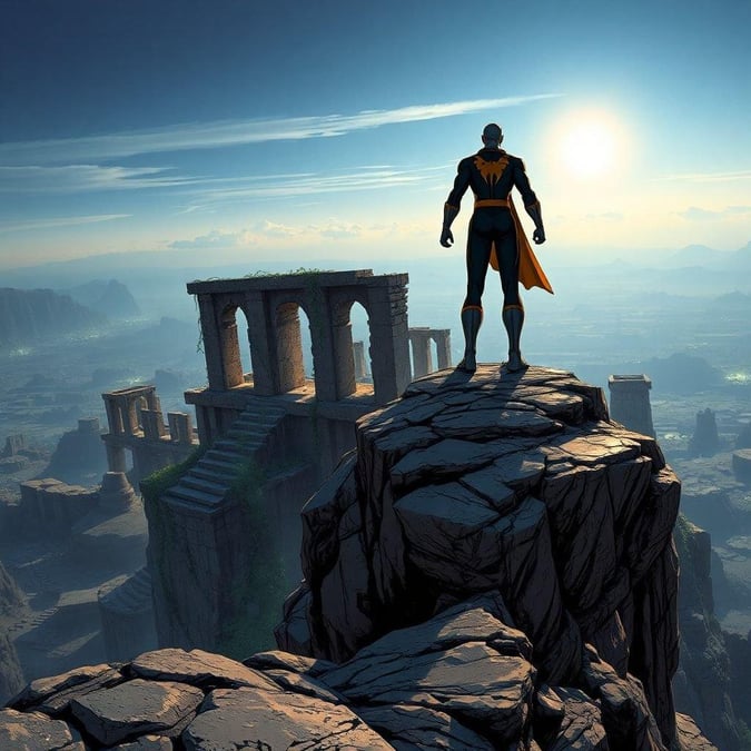 This stunning wallpaper captures the essence of a hero's journey, set against a backdrop of ancient ruins and a breathtaking sunset. The image embodies the spirit of adventure and heroism, making it a perfect fit for fans of comic legends.