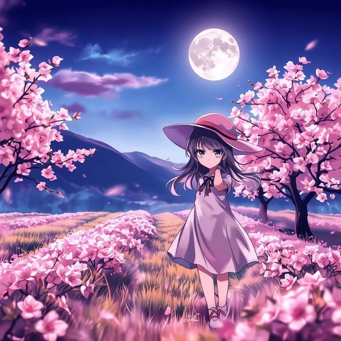 Este papel de parede em estilo anime apresenta uma jovem em um vestido branco e um chapéu rosa caminhando por um campo de árvores de sakura em flor, com uma lua cheia brilhando intensamente ao fundo, criando uma atmosfera serena e pacífica.