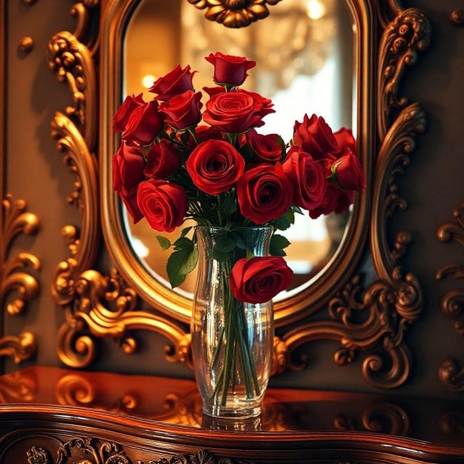 Add a touch of romance to your desktop or mobile with this stunning wallpaper featuring a vase of red roses.