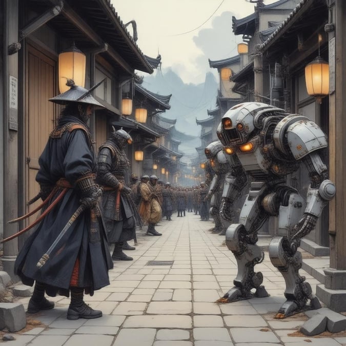 An animated battle scene set in a bustling Japanese alleyway where a samurai faces off against two intimidating steampunk robots. The backdrop is shrouded in a dark atmosphere with an air of mystery, and the robots' glowing orange eyes illuminate the path.