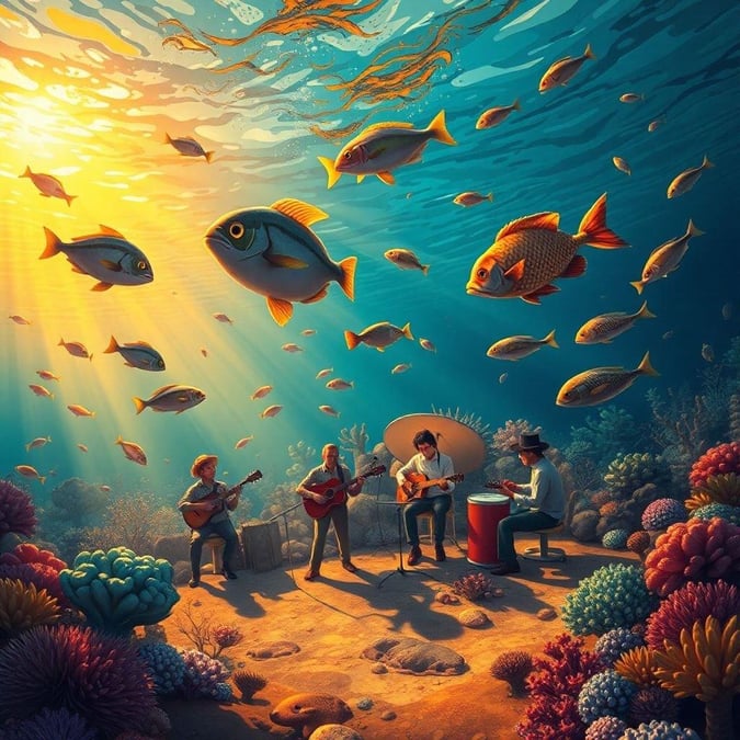 This image is a wallpaper and it's under category of 'Music'. The image depicts a group of musicians performing an underwater music performance, with fish swimming around them. The musicians are playing various instruments, including guitars, drums, and keyboards, and are surrounded by colorful coral and seaweed. The background of the image is a bright blue ocean, with sunlight shining through the water.