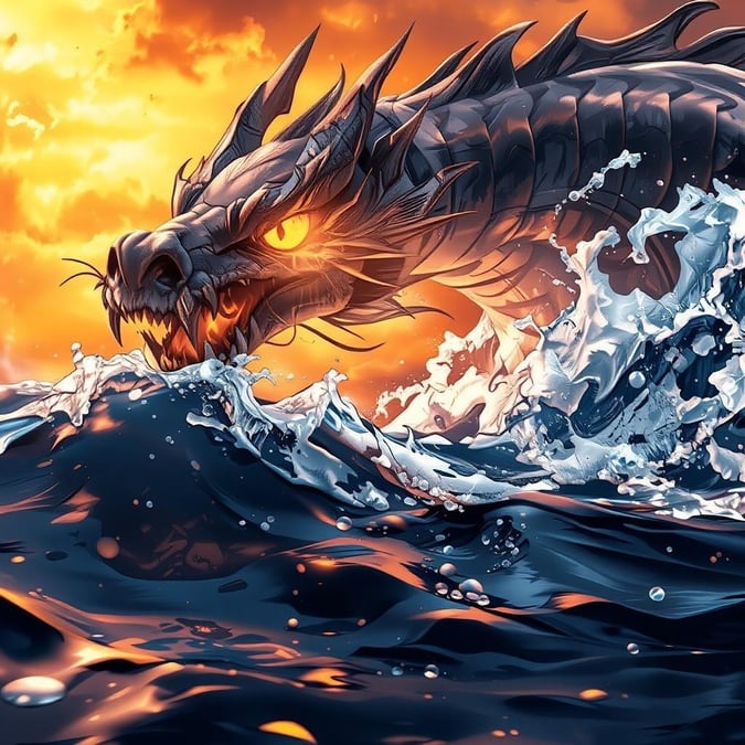 Get ready to be mesmerized by this stunning anime-inspired wallpaper featuring a majestic dragon emerging from a wave of sparkling water. The vibrant orange and yellow sky in the background adds a touch of magic to this already breathtaking scene.