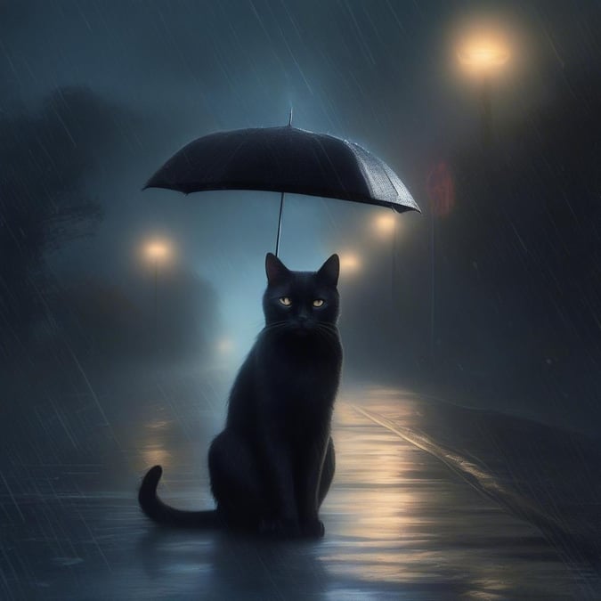 A black cat sits under an umbrella on a wet road, surrounded by the ominous glow of lightning in the stormy night sky. The cat's piercing yellow eyes seem to stare right through you, adding to the eerie atmosphere of this haunting scene.