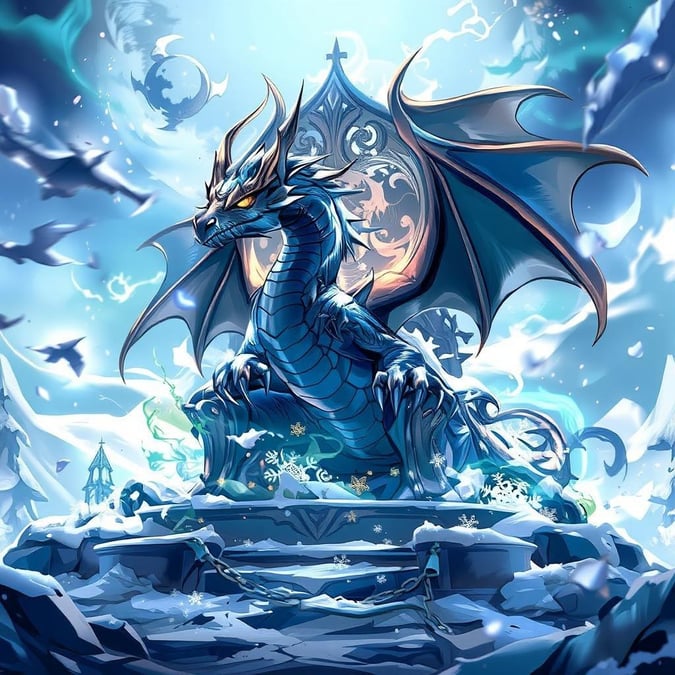 A stunning anime-style illustration of a dragon sitting on a throne made of snowflakes, set against a serene winter landscape.