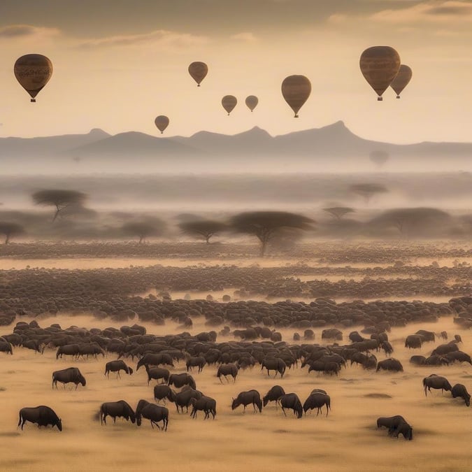 Experience the beauty of the African savanna as dusk falls, with hot air balloons floating overhead amidst a herd of grazing wildebeest.