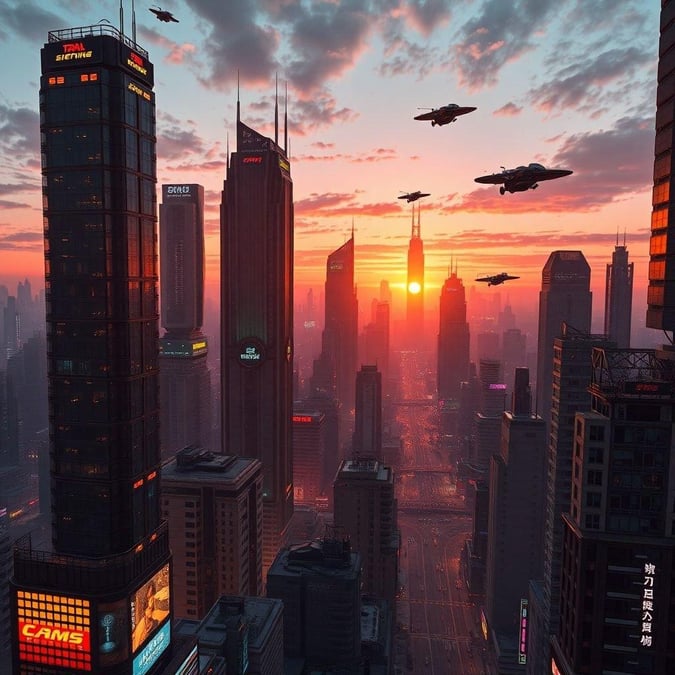 A bustling city skyline at dusk with futuristic skyscrapers, neon lights, and flying cars. The city is alive with activity as the day transitions to night.