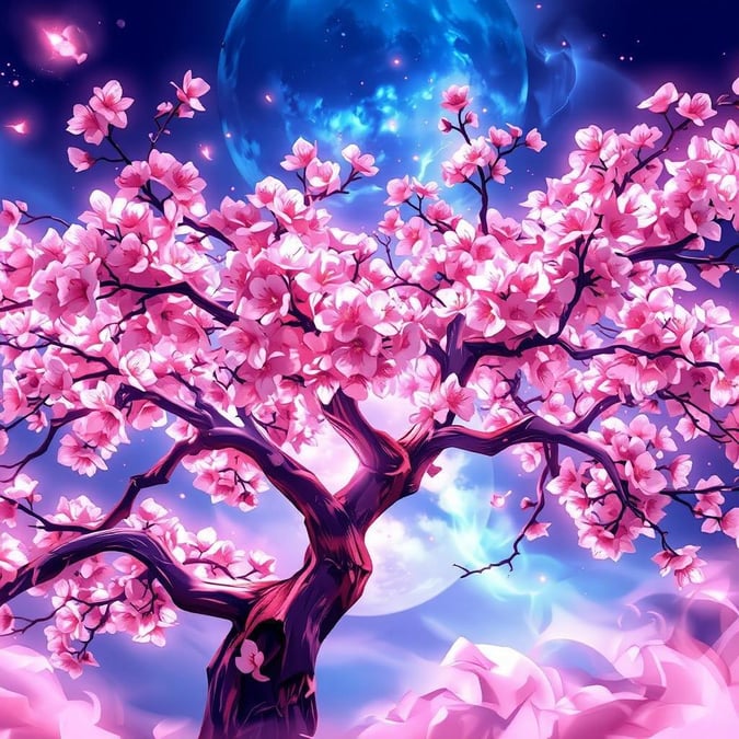 Immerse yourself in the serene beauty of this anime-style cherry blossom tree wallpaper, where the majestic tree's branches are adorned with pink flowers that glow with an ethereal light, set against a deep blue background that highlights the tree's vibrant colors, creating a dreamlike atmosphere.