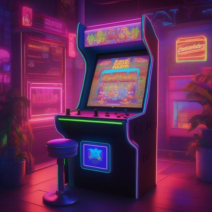 A classic arcade machine stands in the neon glow of a retro arcade, inviting players to join the fun.