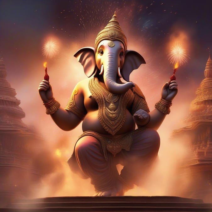 A joyous scene with Lord Ganesha at the heart of the celebration, lighting oil lamps amidst a traditional Hindu festival.